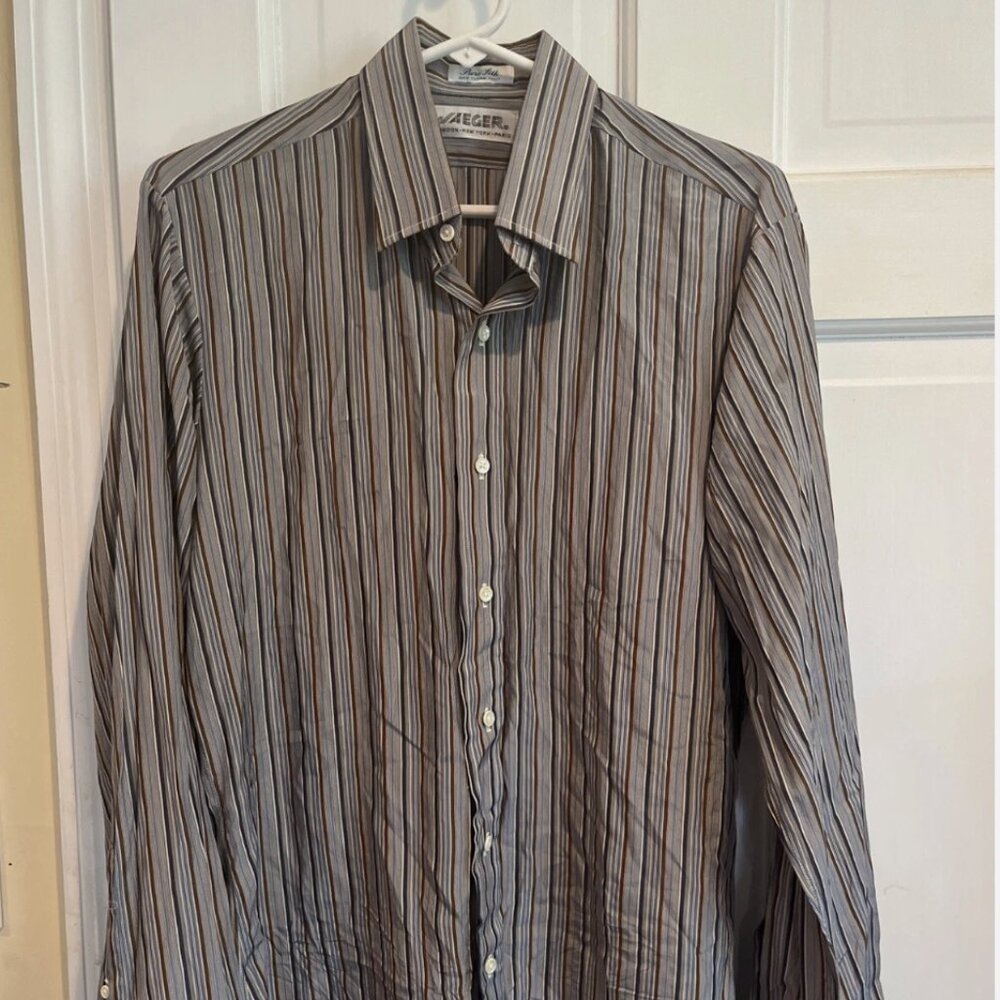 Vintage Jaeger Men’s Silk Blue Striped Button Down Dress Shirt Size 15 Small